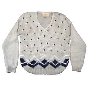 Vtg One Step Up Hand Knitted Birds Eye Sweater Women L Beige Pullover 80s Grunge